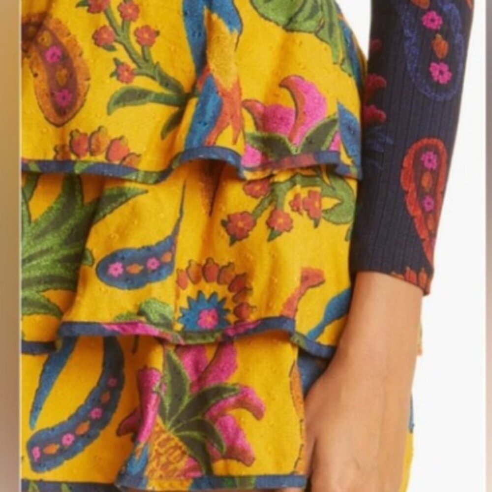 FARM Rio Tropical Tapestry Ruffle Miniskirt‎ in Yellow SZ L NWT
